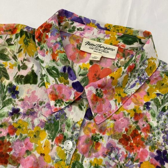 Norm Thompson Escape Ordinary Women Floral Sheer Blouse Top Button M Boho Hi Low - Picture 10 of 14